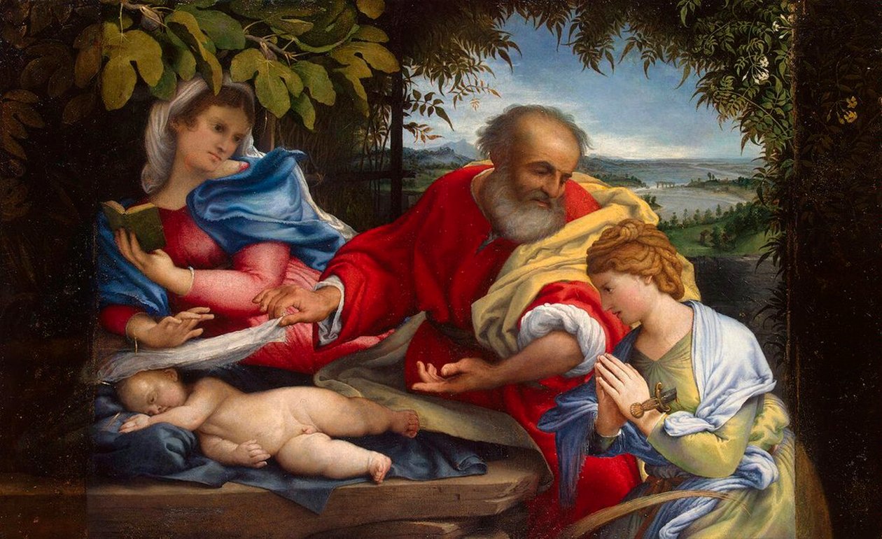 Lepää lennossa Egyptiin Pyhän Justinan kanssa, 1529. tekijältä Lorenzo Lotto