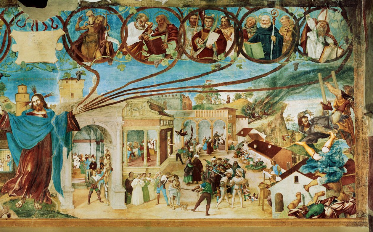 Capella Suardin oikealla puolella, Santa Barbaran kirkko ... (seinämaalaus) tekijältä Lorenzo Lotto