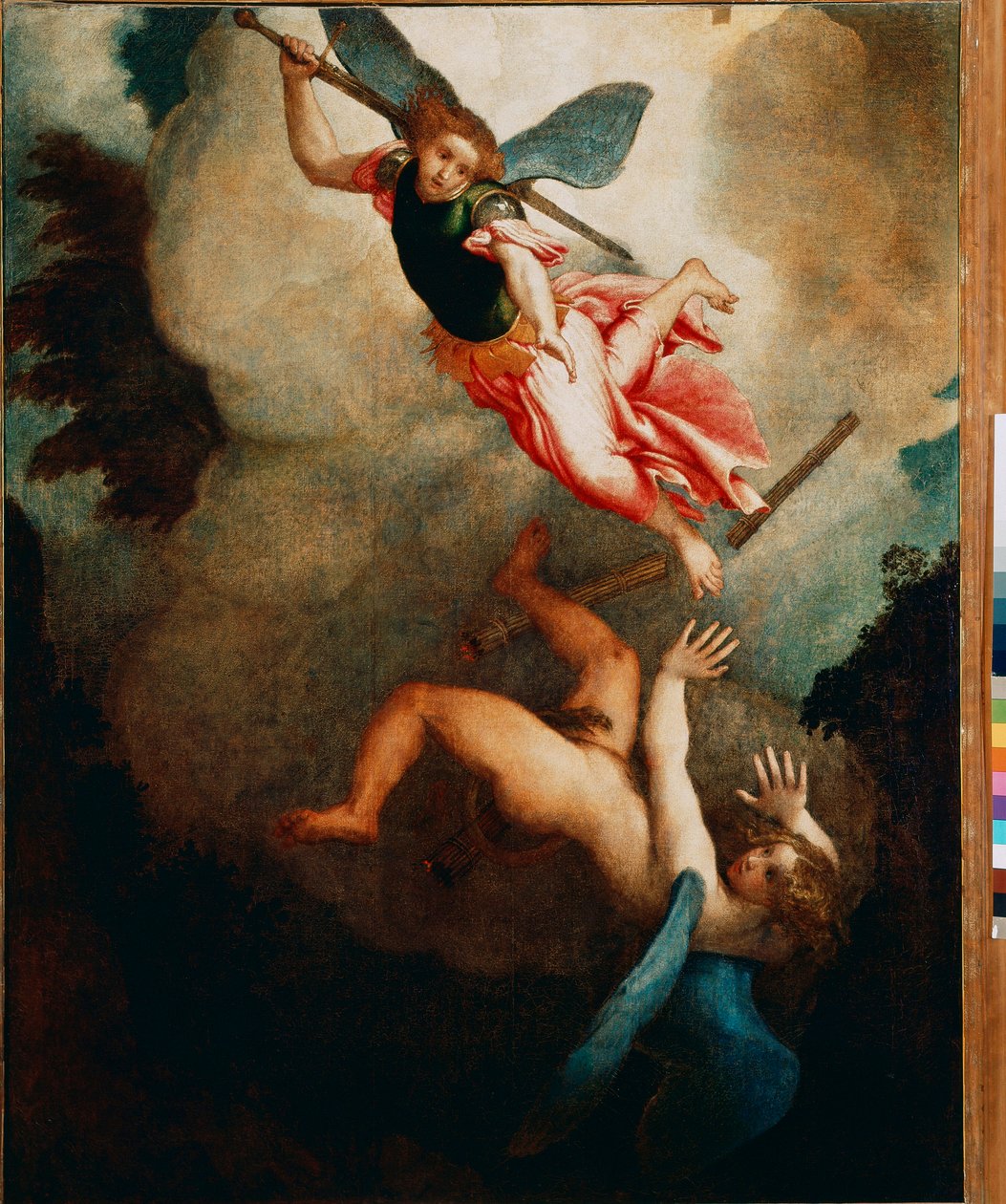 Saint Michael Hunting Luciferin maalaus, Lorenzo Lotto (1480-1556) 1551-1555 su. 167x135 cm Loreto, Palazzo Apostolico tekijältä Lorenzo Lotto