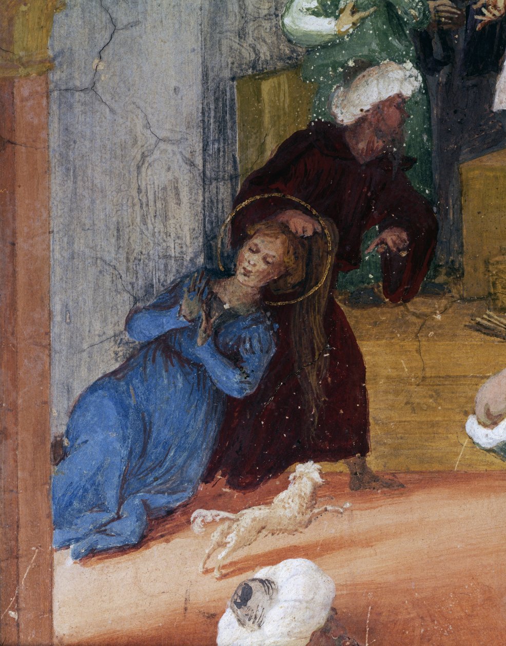 Santa Barbaraa raahataan hiuksistaan tuomarin edessä, yksityiskohta Stories of Saint Barbarasta tekijältä Lorenzo Lotto