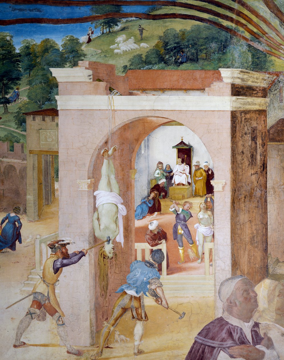 Santa Barbara on oikeudenkäynnissä tuomarin Marsian edessä, joka määrää kiduttamaan häntä, yksityiskohta Saint Barbaran tarinasta tekijältä Lorenzo Lotto