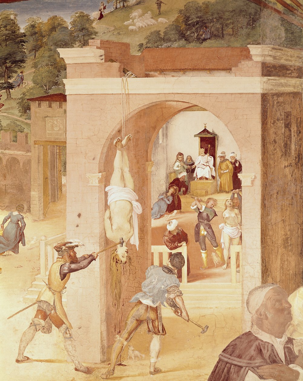 Kohtauksia Pyhän Barbaran elämästä, yksityiskohta Pyhästä Barbarasta, joka luovutettiin Rooman prelaatille Marcianille ja sitten kidutettiin, 1523-24 tekijältä Lorenzo Lotto
