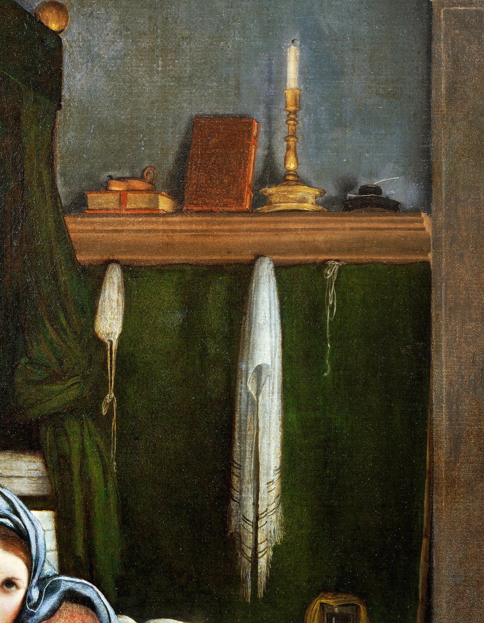 Hylly kynttelikköillä ja kirjoilla, yksityiskohta Marian ilmestyksestä, n. 1434, Lorenzo Lotto (1480-1556), öljy kankaalle tekijältä Lorenzo Lotto