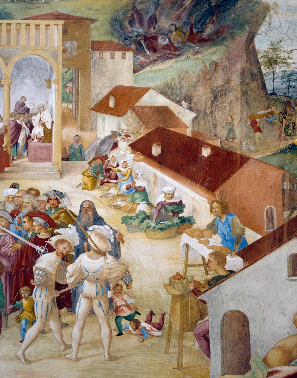 Soldats, gent comuna i mercat, detall de Stories of Saint Barbarafinnish tekijältä Lorenzo Lotto