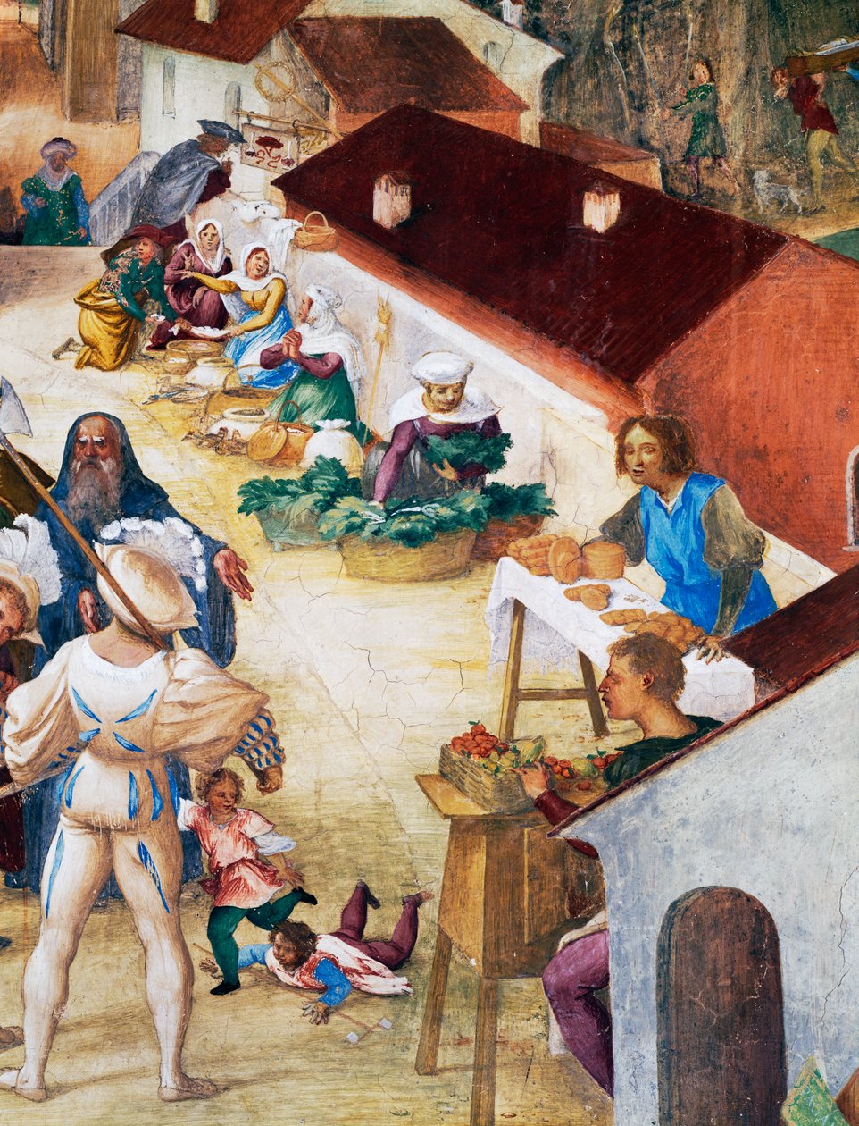 Sotilaat, talonpojat ja markkinat, yksityiskohta Saint Barbaran tarinoista tekijältä Lorenzo Lotto