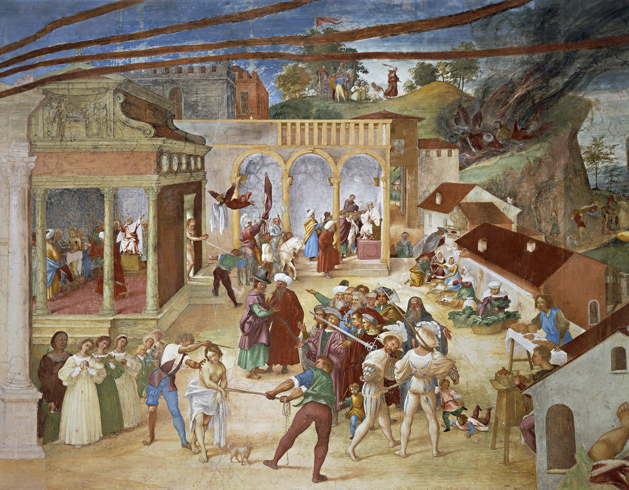 Santa Bàrbara conduïda pels carrers de la ciutat, detall de Christ-Vine i la llegenda de Santa Bàrbara de Lorenzo Lotto (vers 1480 - 1556), fresc, detall, Villa Suardi, Capella Suardi, Trescore Balneariofinnish tekijältä Lorenzo Lotto