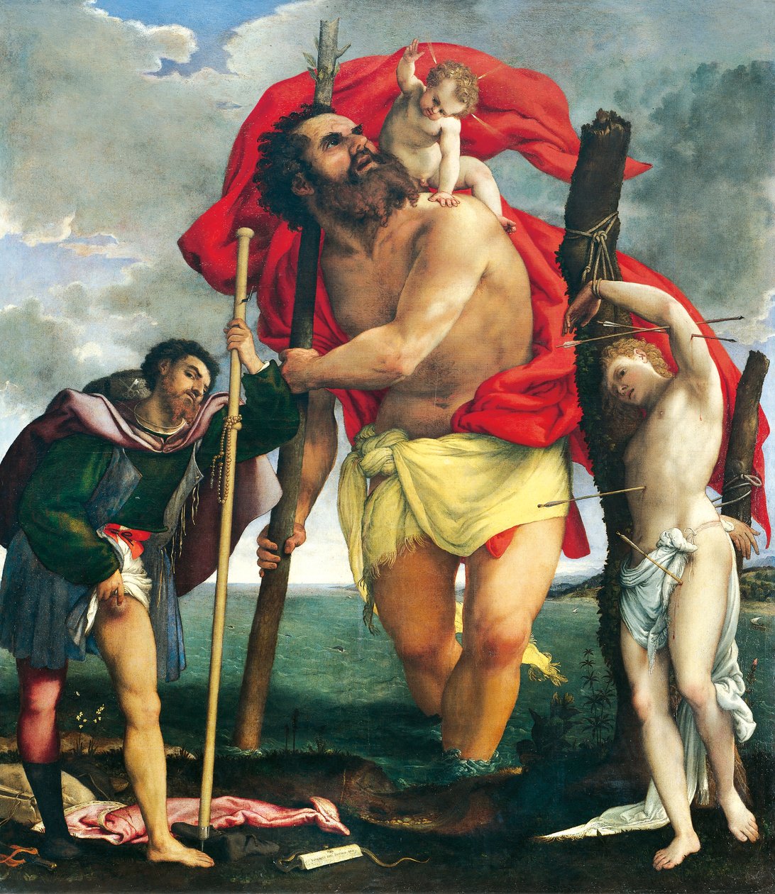Pyhä Christopher pyhien Roccon ja Sebastianin välissä tekijältä Lorenzo Lotto