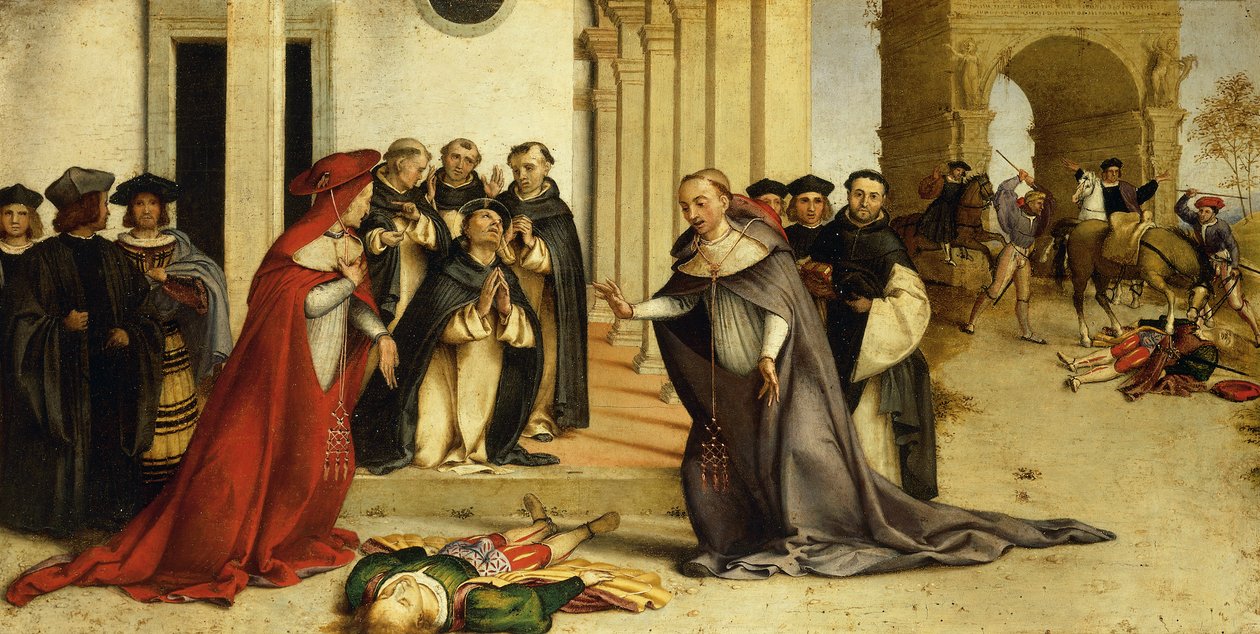 Pyhä Dominic herättää henkiin Napoleone Orsini, Lorenzo Lotto (1480 noin 1556), öljy paneelille, 51,8x97,5 cm tekijältä Lorenzo Lotto