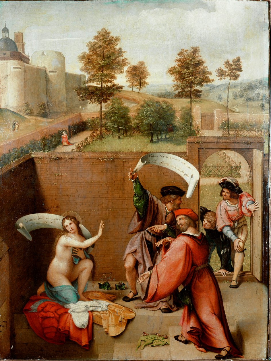 Suzanne kylvyssä tai "Suzanne ja vanhukset". Hahmoilla on phykacteres tai heille on kirjoitettu sanat. Lorenzo Lotto (1480-1556) maalaus 1517. Galleria degli Uffizi (toimistot) Firenze tekijältä Lorenzo Lotto