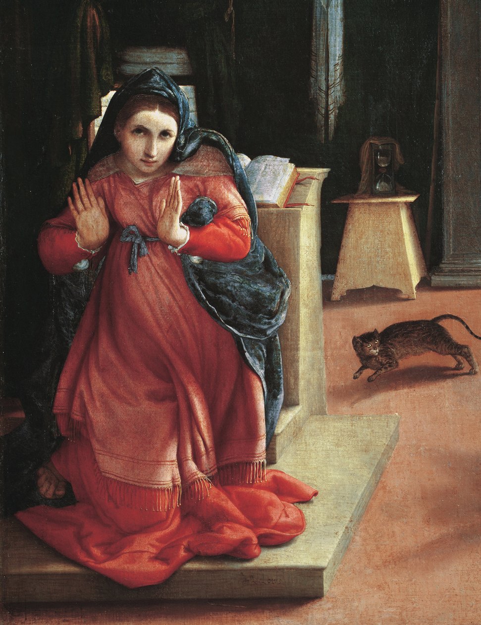 The Annunciation”” Neitsyen yksityiskohta (Julkistus, yksityiskohta neitsyestä) Lorenzo Lotto (1480-1556) maalaus 1535 Pinacoteca Civica, Recanati, Italia tekijältä Lorenzo Lotto