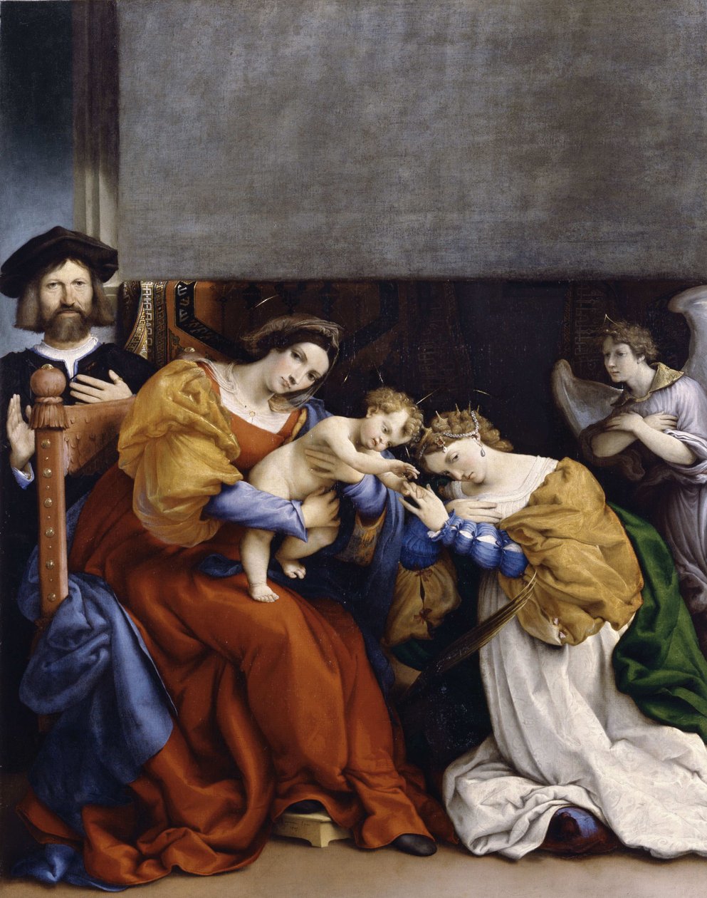 Pyhän Katariinan mystinen avioliitto lahjoittaja Niccolò Bonghin kanssa, 1523. tekijältä Lorenzo Lotto