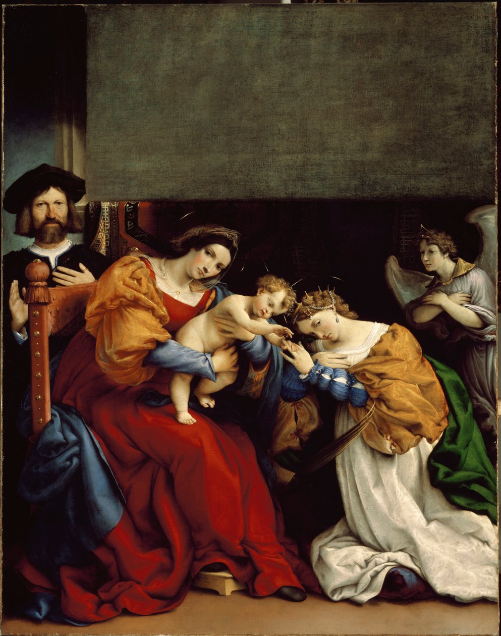 Pyhän Katariinan mystinen häät Pyhän Katariina Aleksandrian mystiset häät” Vasemmalla Niccolo Bonghi, taidemaalarin vuokranantaja. Lorenzo Lotto (n. 1480-1556) maalaus 1523 Dim. 189 x 134 cm Bergamo, Accademia Carrara tekijältä Lorenzo Lotto