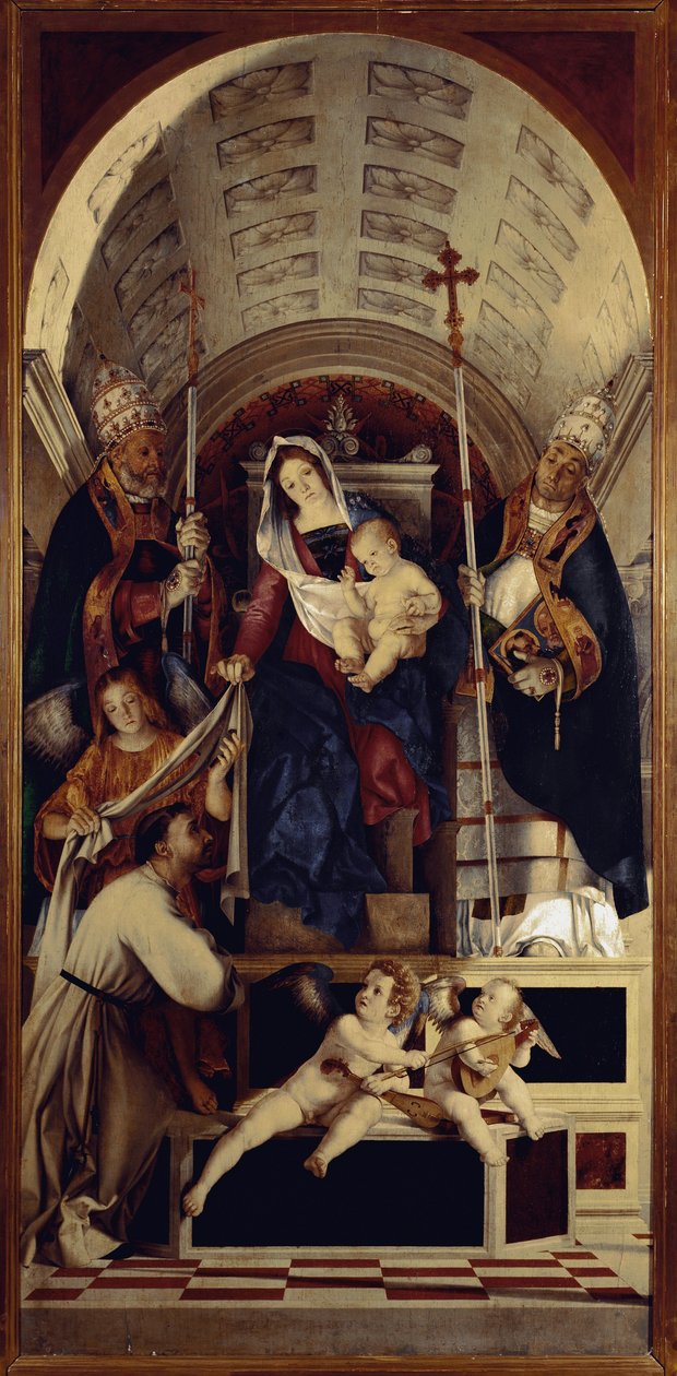 Neitsyt ja lapsi Saint Dominican, Saint Gregoiren ja Saint Urbanin kanssa - Recanati-polyptiikan keskusosa (1508, öljy puulle) tekijältä Lorenzo Lotto