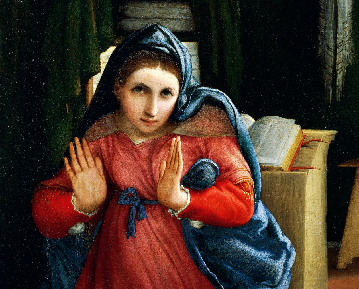 Neitsyt ilmoitti, yksityiskohta Marian ilmestyksestä, noin 1434, Lorenzo Lotto (1480-1556), öljy kankaalle tekijältä Lorenzo Lotto