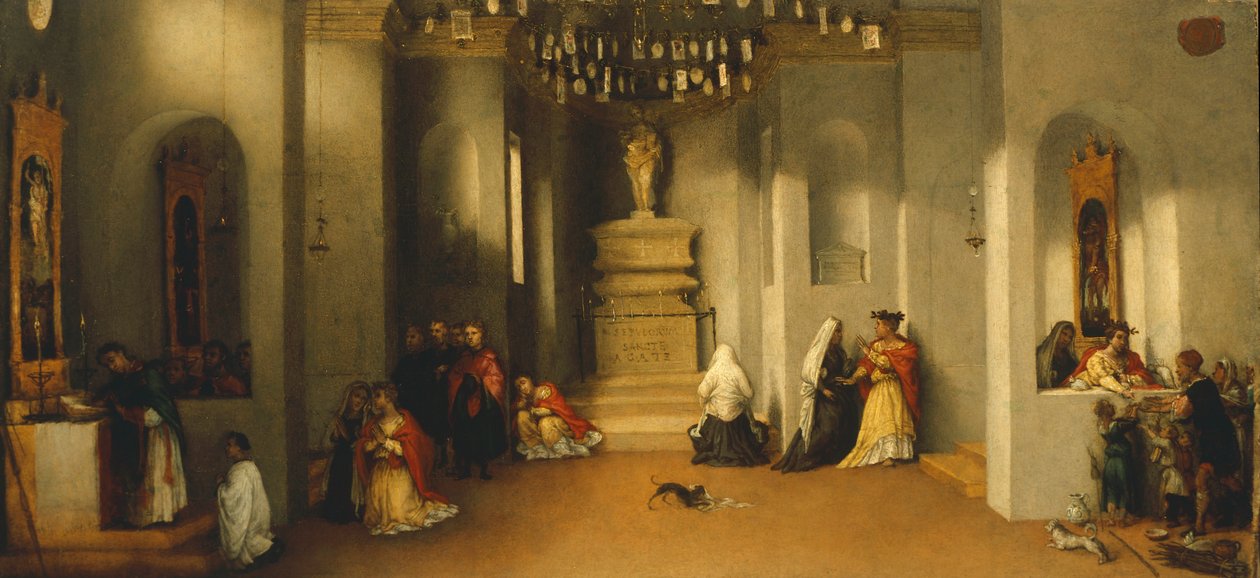 Saint Lucian kutsumus, ensimmäinen paneeli Saint Lucian alttaritaulusta tai Saint Lucia tuomarin edessä Lorenzo Lotto (1480 ca-1556), öljytaulu, 32x69 cm tekijältä Lorenzo Lotto