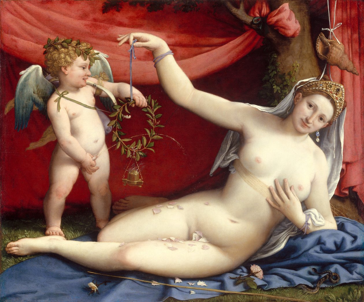Venus ja Cupid, n. 1525 (öljy kankaalle) tekijältä Lorenzo Lotto
