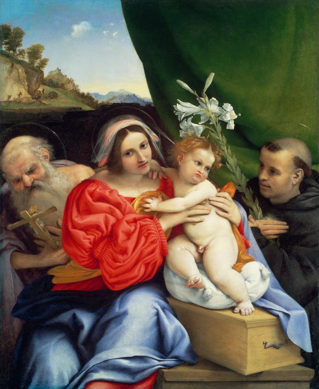 Neitsyt Maria ja lapsi sekä pyhät Hieronymus ja Nikolaus Tolentinolainen tekijältä Lorenzo Lotto