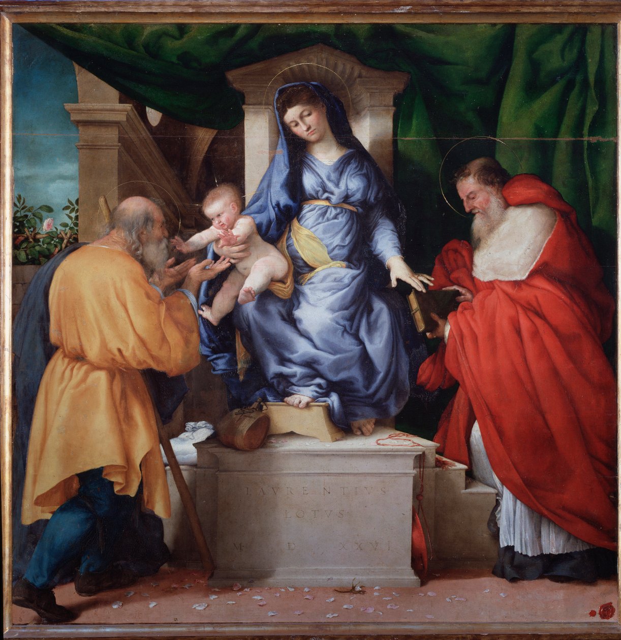 Neitsyt lapsen kanssa pyhän Hieronymuksen ja pyhän Joosefin kanssa (kutsutaan Madonna delle Rose) - Maalaus tekijältä Lorenzo Lotto