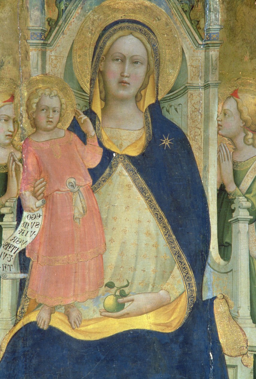 Madonna ja lapsi valtaistuimella pyhien kanssa, yksityiskohta Madonna ja lapsi, polytyykki, 1413 tekijältä Lorenzo Monaco
