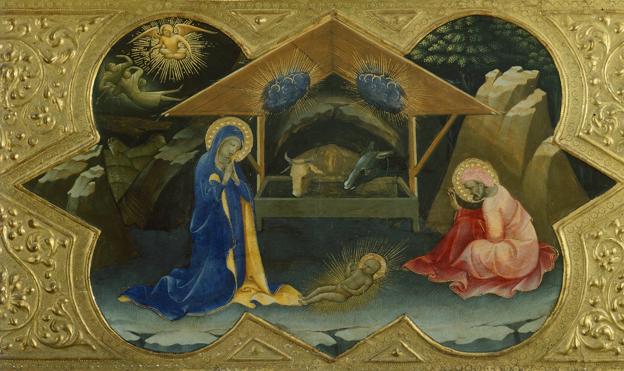 Syntymä, kohtaus Lorenzo Monacon (n. 1370-1425) Neitsyt kruunaamisen predellasta, tempera taulussa, 32x53 cm tekijältä Lorenzo Monaco