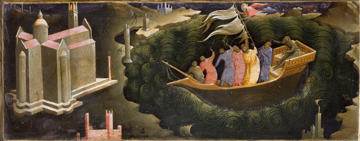 Kuvaus Pyhästä Nikolauksesta, joka rauhoittaa tempete Nicolas de Myraa (tai Nicolas de Baria) pelastamassa venettä uppoamisesta. Lorenzo Monacon maalaus puulle (n. 1370-n. 1423/1424) Firenze, Galleria del 