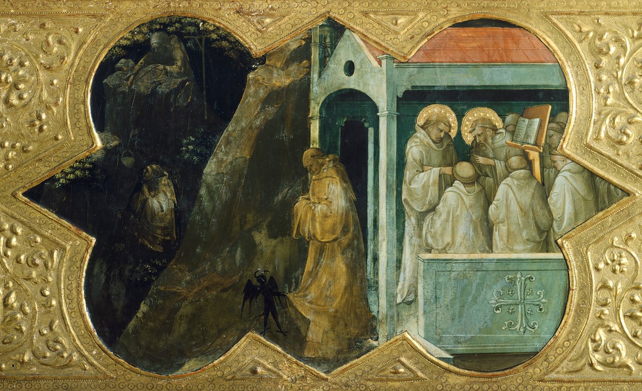 Pyhä Benedictus paholaisen ja Pyhän Bernardinon kiusaamana konsistoriassa, yksityiskohta Lorenzo Monacon (1370-1423) Neitsyen kruunaamisen predellasta, tempera paneelissa, 450x350 cm, Polyptyykki Santa Maria degli Angelin luostarin alttarille Firenzessä tekijältä Lorenzo Monaco