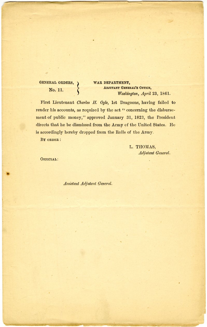 Yleiset määräykset, nro 11, sotaosasto, kenraali -adjutanttitoimisto, Washington, 23. huhtikuuta 1861 tekijältä Lorenzo Thomas