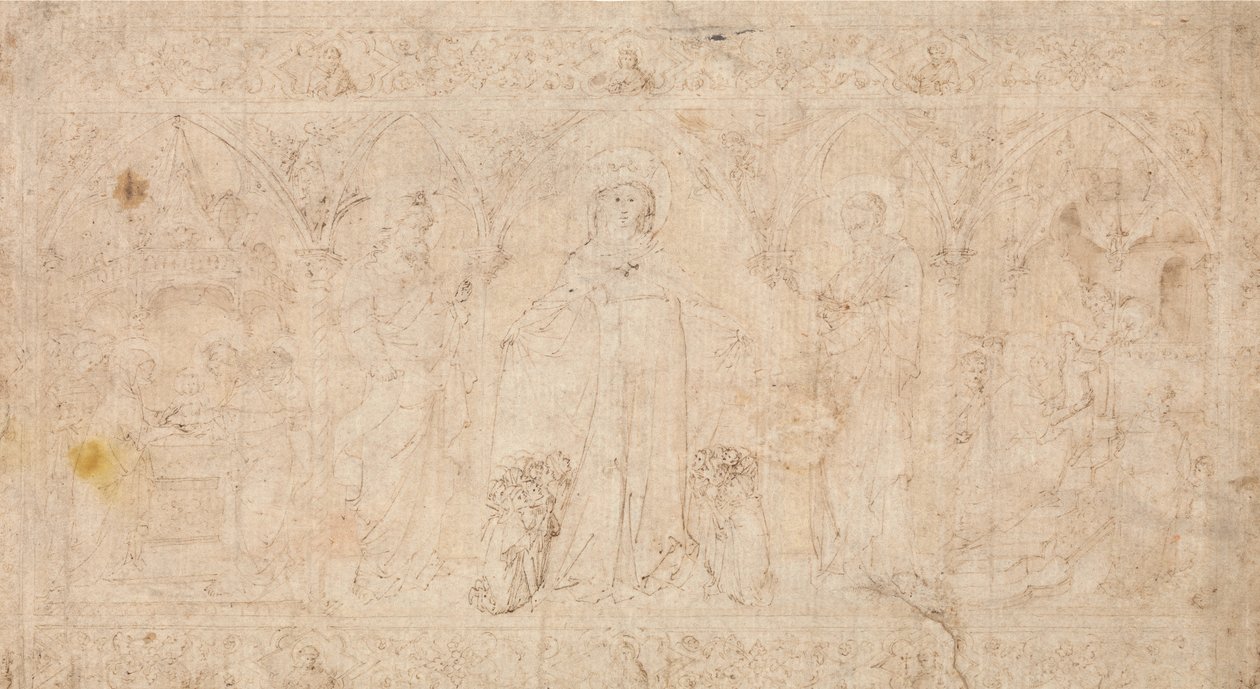 Suunnittelu antependiumille: Madonna della Misericordia pyhien Johannes Kastajan kanssa..., noin 1370. tekijältä Lorenzo Veneziano.