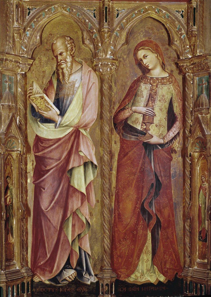 Pyhä Johannes Evankelista ja Pyhä Maria Magdaleena - Yksityiskohta Marian ilmestyksen polyptyykistä (1357, tempera ja kultalehti puussa) tekijältä Lorenzo Veneziano