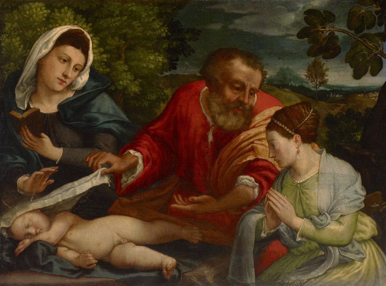 Pyhä perhe Donatrixin kanssa Pyhänä Katariina Aleksandrialaisena, n. 1540-1545 tekijältä Lorenzo attr. to Lotto