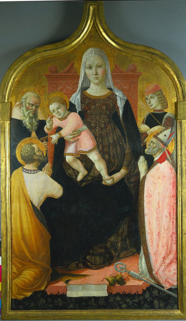 Neitsyt ja lapsi, pyhien Anthony Abbottin, Markin, Severinon ja Sebastianin kanssa, c. 1490-96 tekijältä Lorenzo dAlessandro da Severino II