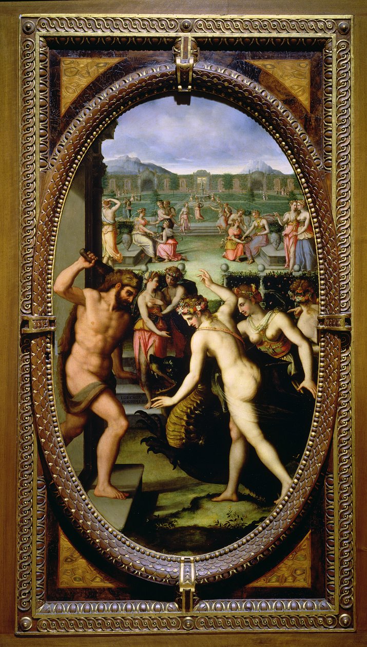 Hercules tappaa Hesperides-lohikäärmeen, 1572 (öljy liuskekivellä) tekijältä Lorenzo dello Sciorina