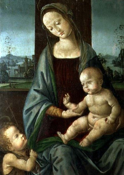 Madonna ja lapsi lapsen kanssa Pyhä Johannes Kastaja tekijältä Lorenzo di (workshop of) Credi