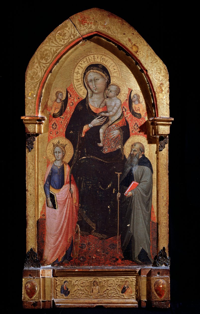 Neitsyt ja lapsi Pyhän Katariina Aleksandrialaisen, Pyhän Antoniuksen Suuren ja Enkelit maalauksen kanssa Bicci di Lorenzon (1373-1452) 1415 noin. Koko 90,4x43,5 cm Assisi, Museo del Tesoro della Basilica di San Francesco tekijältä Lorenzo di Bicci