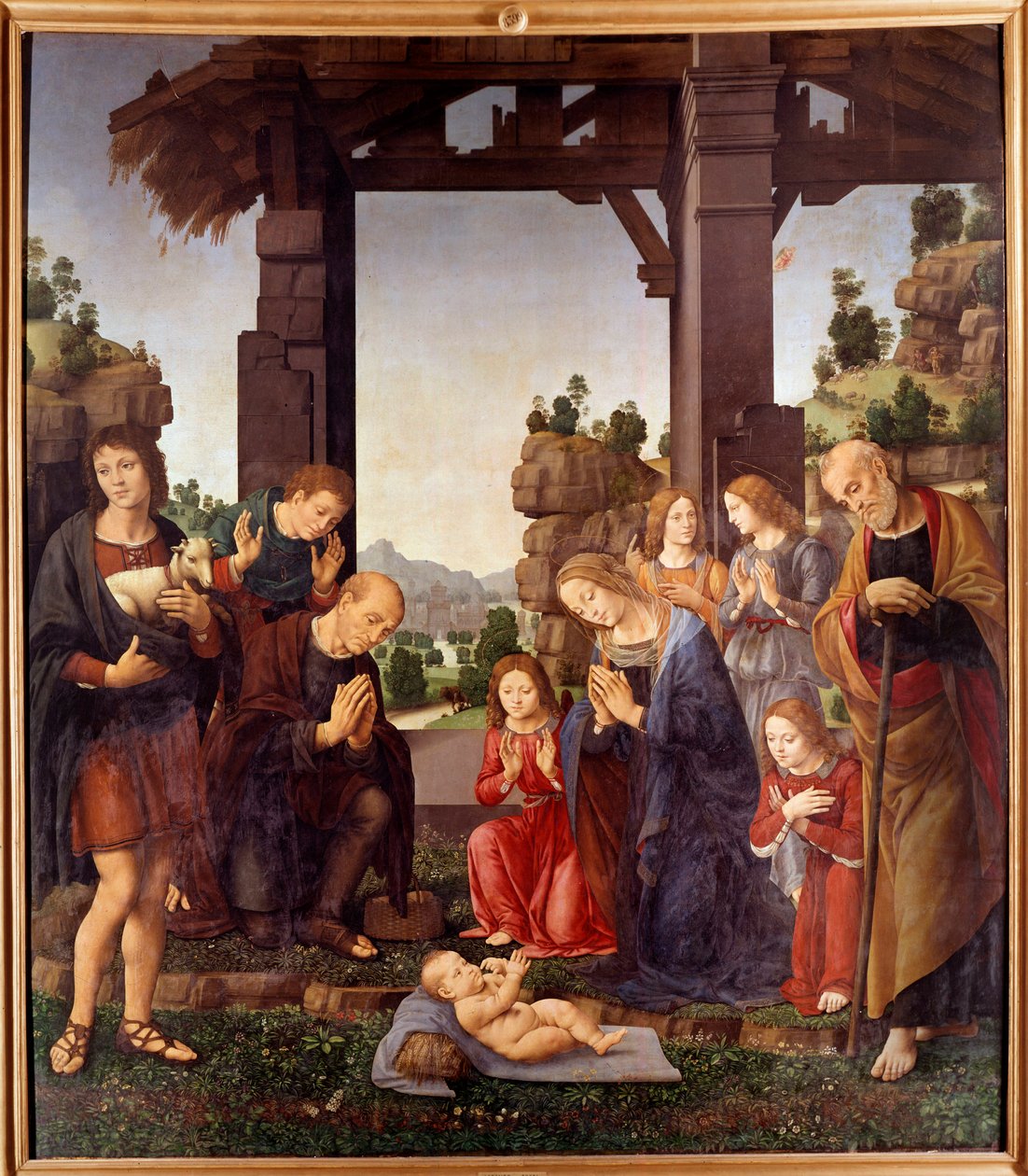 Paimenten palvonta Lorenzo di Credin (1458-1537) maalaus 1400-luvun su. 2,24x1,96 m Firenze, galleria degli Uffizi (toimistot) tekijältä Lorenzo di Credi