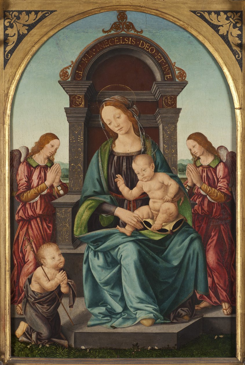 Madonna ja lapsi pikkulapsen Pyhän Johannes Kastajan ja kahden enkelin kanssa - Madonna ja lapsi lapsen Pyhän Johanneksen ja kahden enkelin kanssa, kirjoittanut Lorenzo di Credi (1459-1537). Öljy puulle. Koko: 66,5 x 43,5 cm. Tukholman kansallismuseo tekijältä Lorenzo di Credi