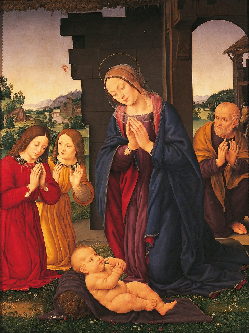 Lapsen ja enkelien palvonta, Lorenzo di Credi (1459-1536), tempera kankaalle tekijältä Lorenzo di Credi