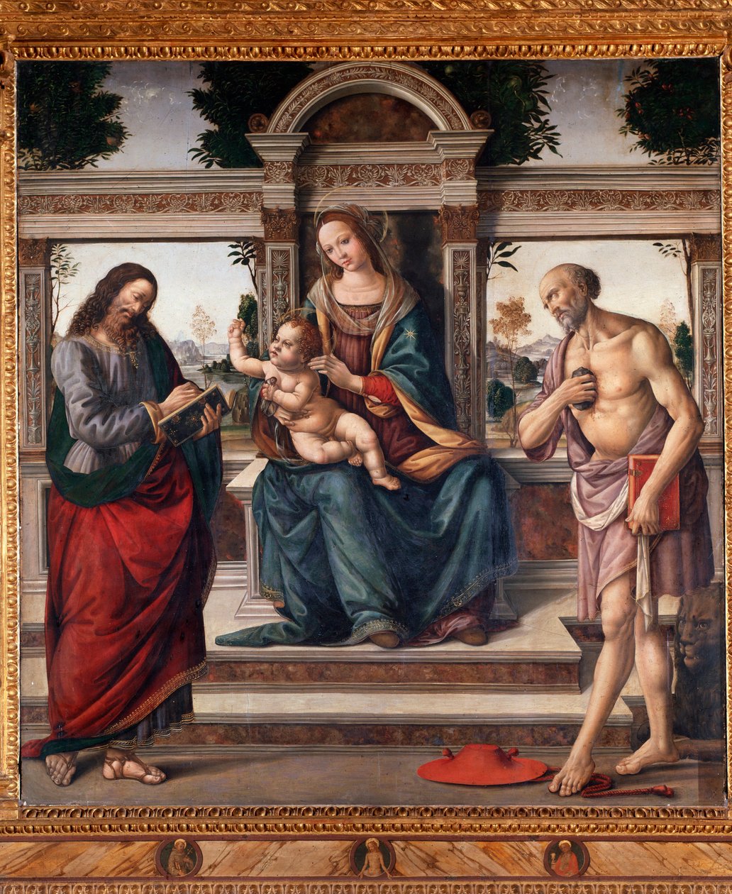 Neitsyt lapsen kanssa ja kaksi pyhää, pyhä Matteus ja pyhä Hieronymus Lorenzo di Credin maalaus (1459-1537) Firenze, kirkko Santo Spirito Italia tekijältä Lorenzo di Credi
