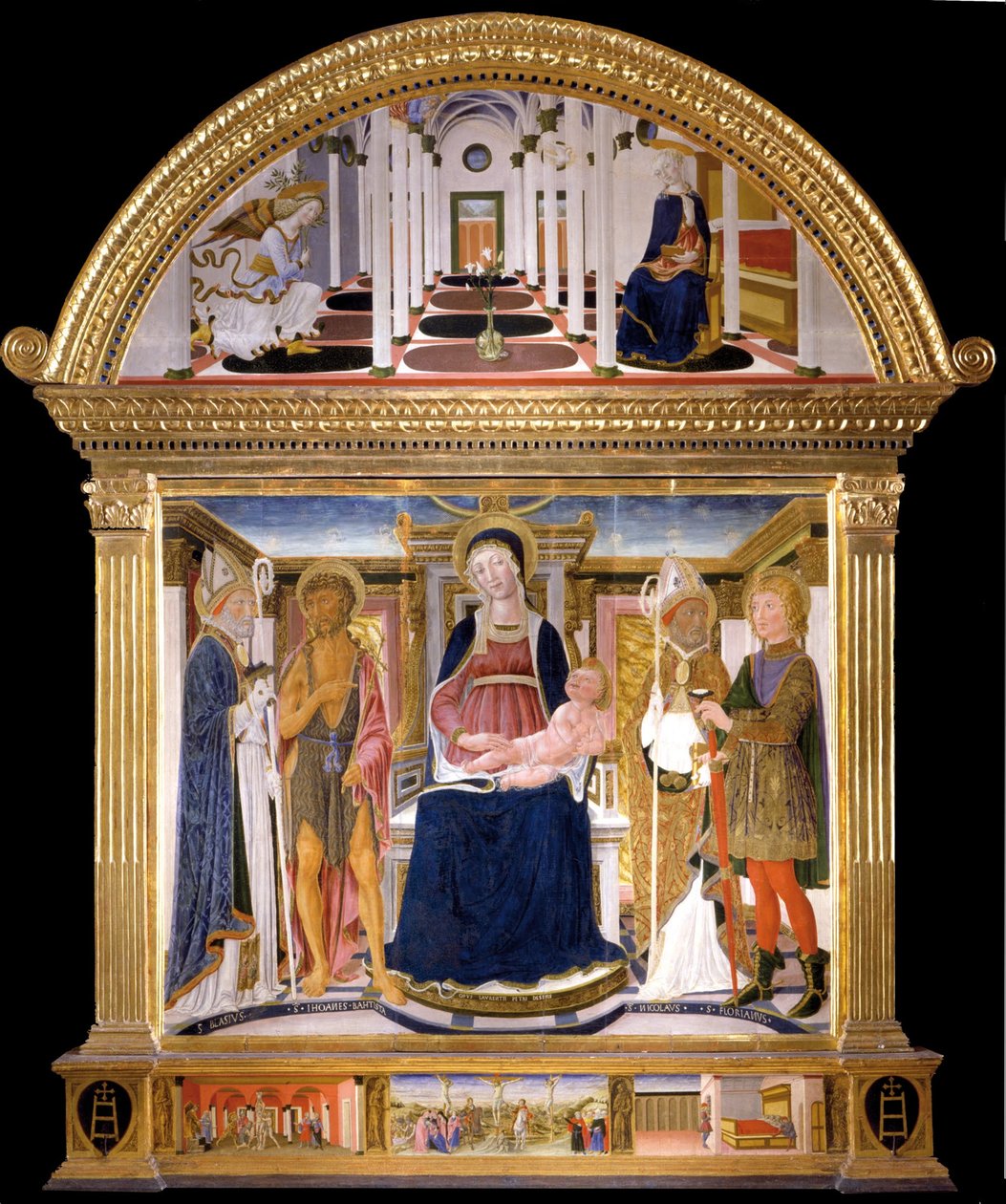 Madonna lapsen kanssa ja pyhät Blaise, Johannes Kastaja, Nikolaus ja Florian. Ilmoitus, 1462 tekijältä Lorenzo di Pietro