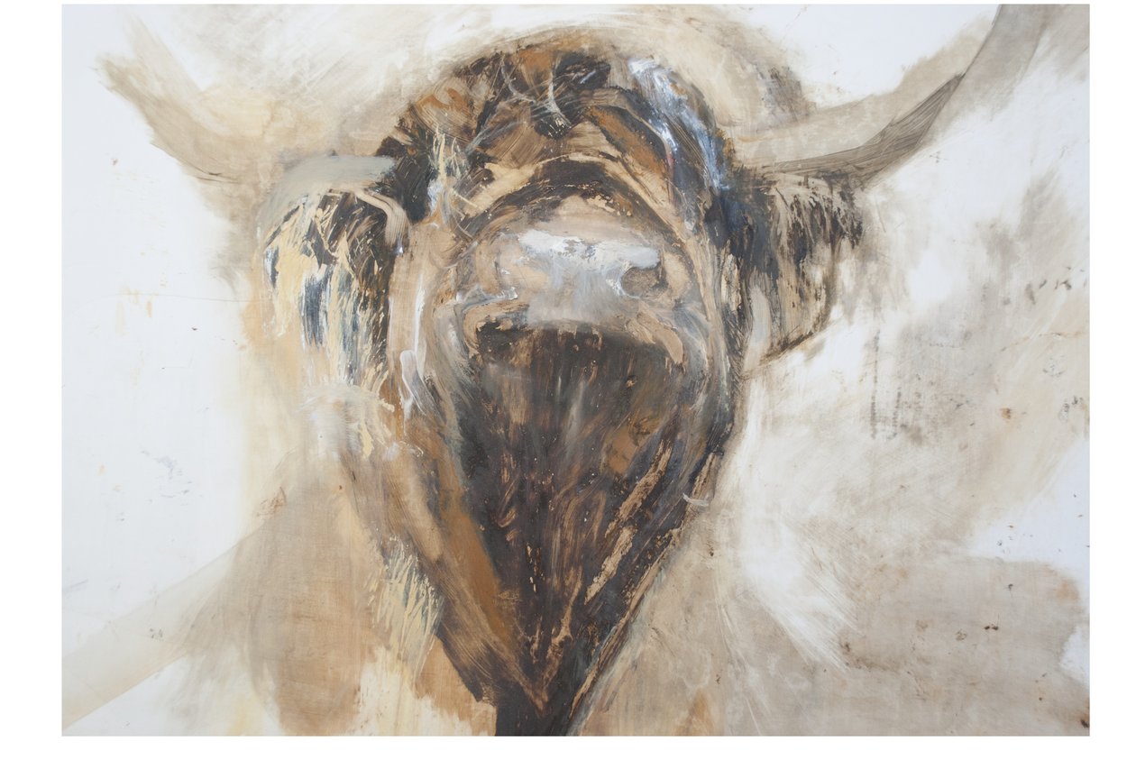 La Vache, lehmä, 2015, (öljy ja sekatekniikka gessolla paperilla) tekijältä Lou Gibbs
