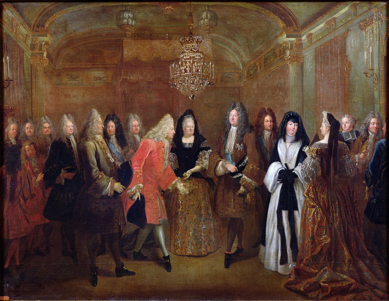 Ludvig XIV (1638-1715) toivottaa Saksin vaaliruhtinas Frederick Augustus II:n (1670-1733) tervetulleeksi Fontainebleauhun 27. syyskuuta 1714, 1715 tekijältä Louis de Silvestre