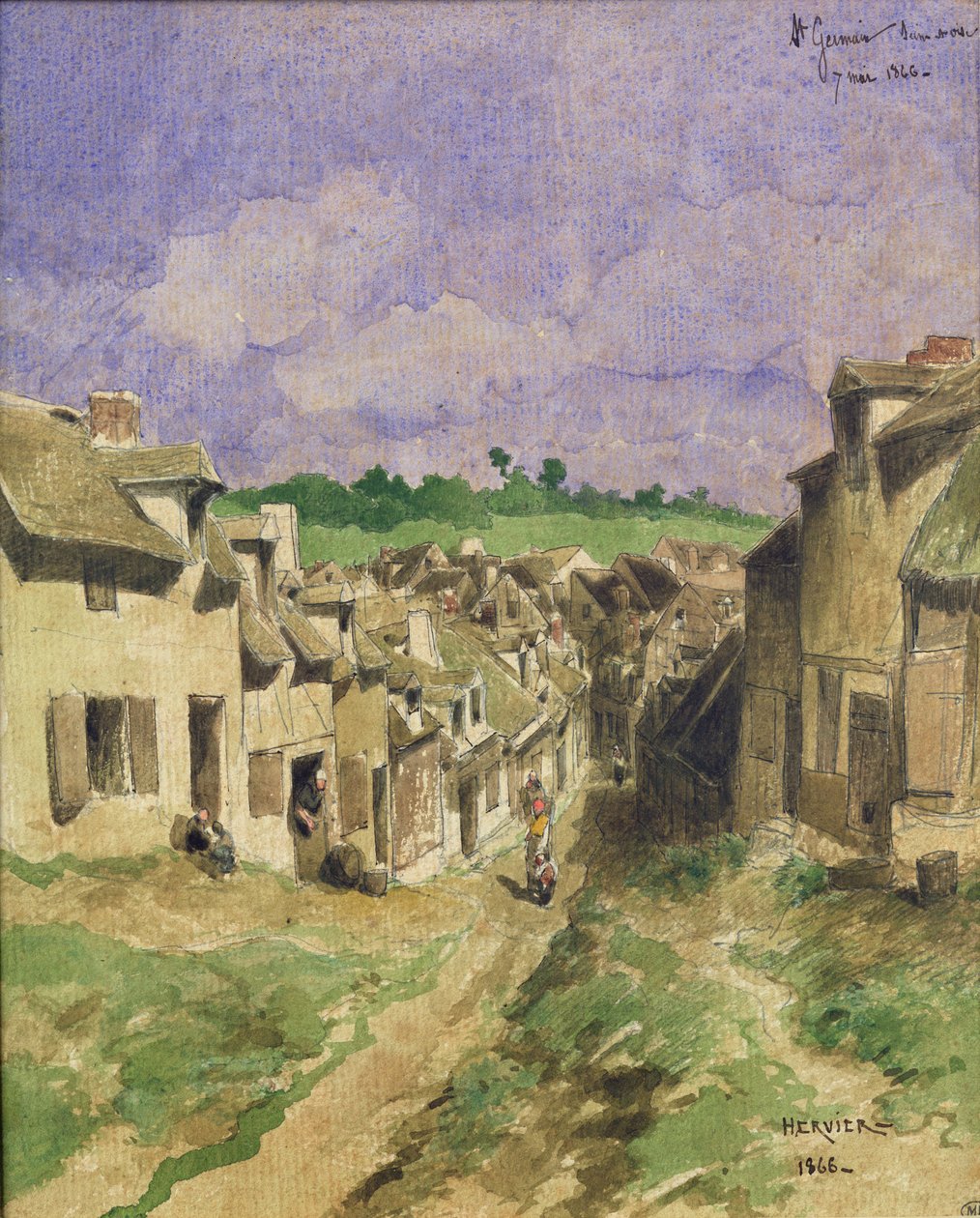Katu Saint-Germainissa, Seine-et-Oisessa, 1866 (kynä ja muste ja wc paperilla) tekijältä Louis Adolphe Hervier