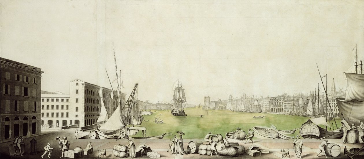 Marseillen satama, 1811 (kynä, muste ja wc paperille) tekijältä Louis Amphoux