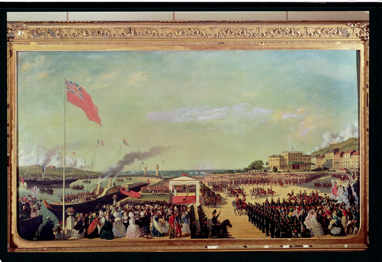 Napoleon III (1808-73) toivottaa kuningatar Victorian (1819-1901) tervetulleeksi Boulognen satamaan, 18. elokuuta 1855, 1856 tekijältä Louis Armand