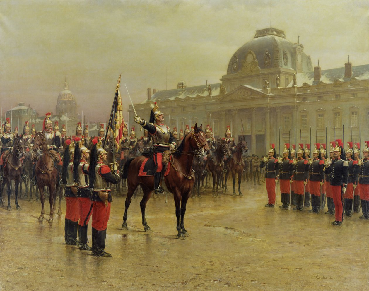 Eversti de La Rochetulon esittelee 6. ratsuväen alokkaille rykmentin lippua tammikuussa 1887, noin 1887. tekijältä Louis Auguste Georges Loustaunau