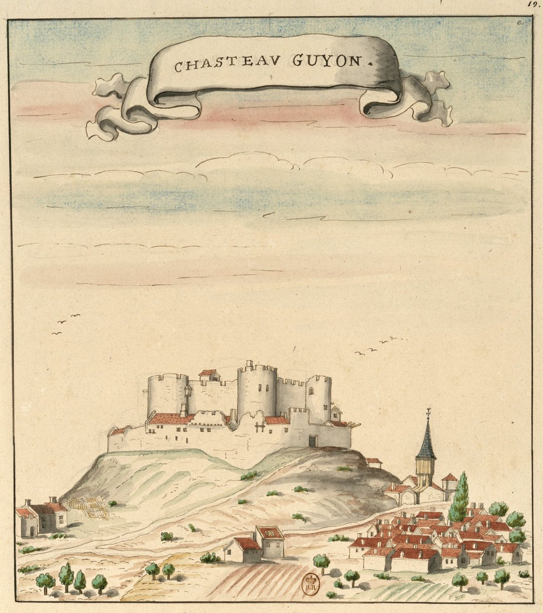 Dessin du château et du village de Châtel-Guyon (jae 1450) inspiré de Guillaume Revel, L