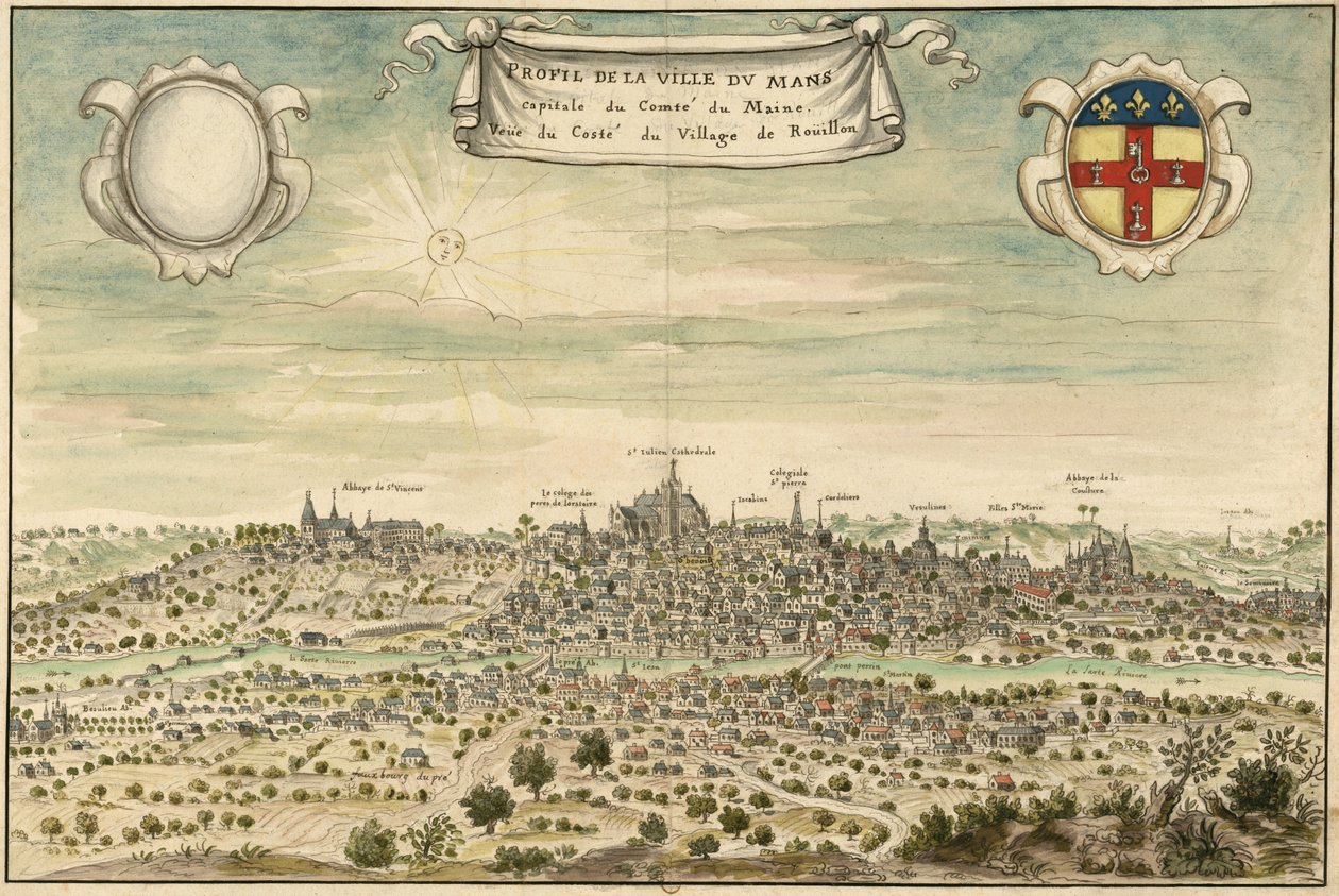 Profil de la ville du Mans, capitale du Comté du Maine. Veüe du Costé du Village de Roüillon tekijältä Louis Boudan