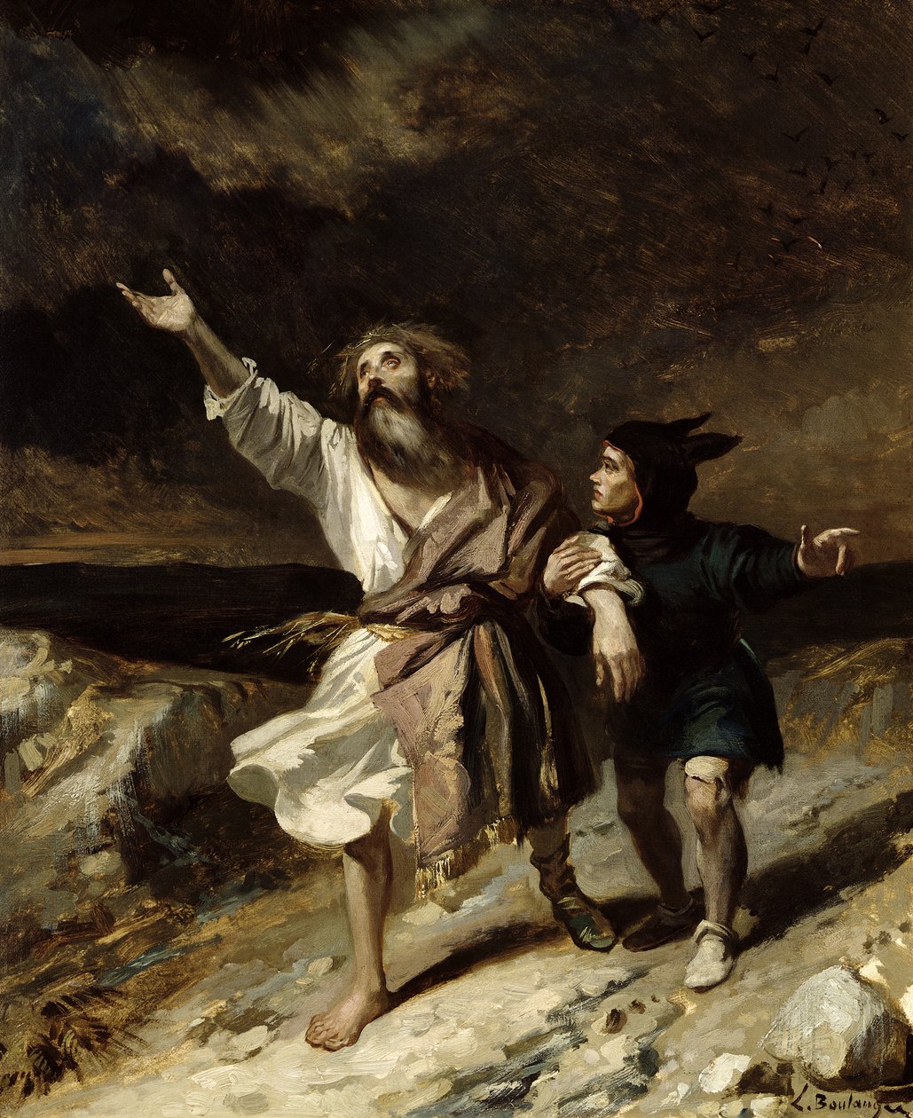 Kuningas Lear ja narri myrskyssä, näytös III kohtaus 2 William Shakespearen (1564-1616) Kuningas Learista 1836 1836 tekijältä Louis Boulanger