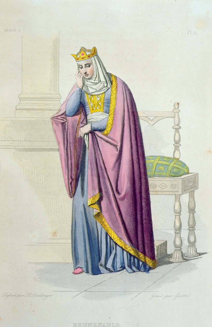 Kuningatar Brunhildan (k. 613) muotokuva, E. Mennechetin teoksesta "Le Plutarque Francais", kaiverrus Gaitte, 1841 tekijältä Louis Boulanger
