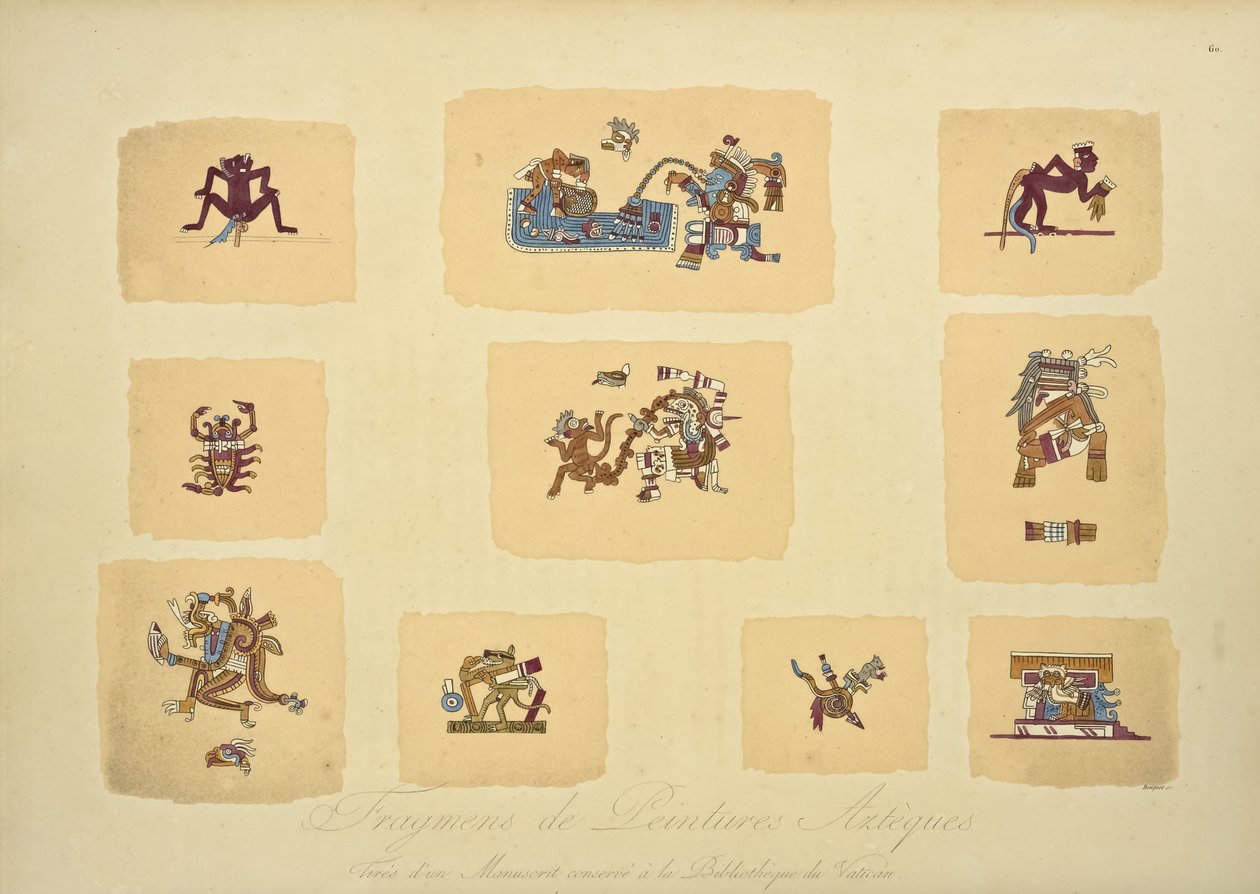Fragments atsteekkien maalauksista, Vatikaanin kirjastossa säilytetystä käsikirjoituksesta, kuvitus Alexander von Humboldtin ja Amerikan alkuperäiskansojen Cordillera-näkymistä ja monumenteista. tekijältä Louis Bouquet
